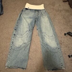 REVICE Blue Wide Leg Jeans with Cream Waistband